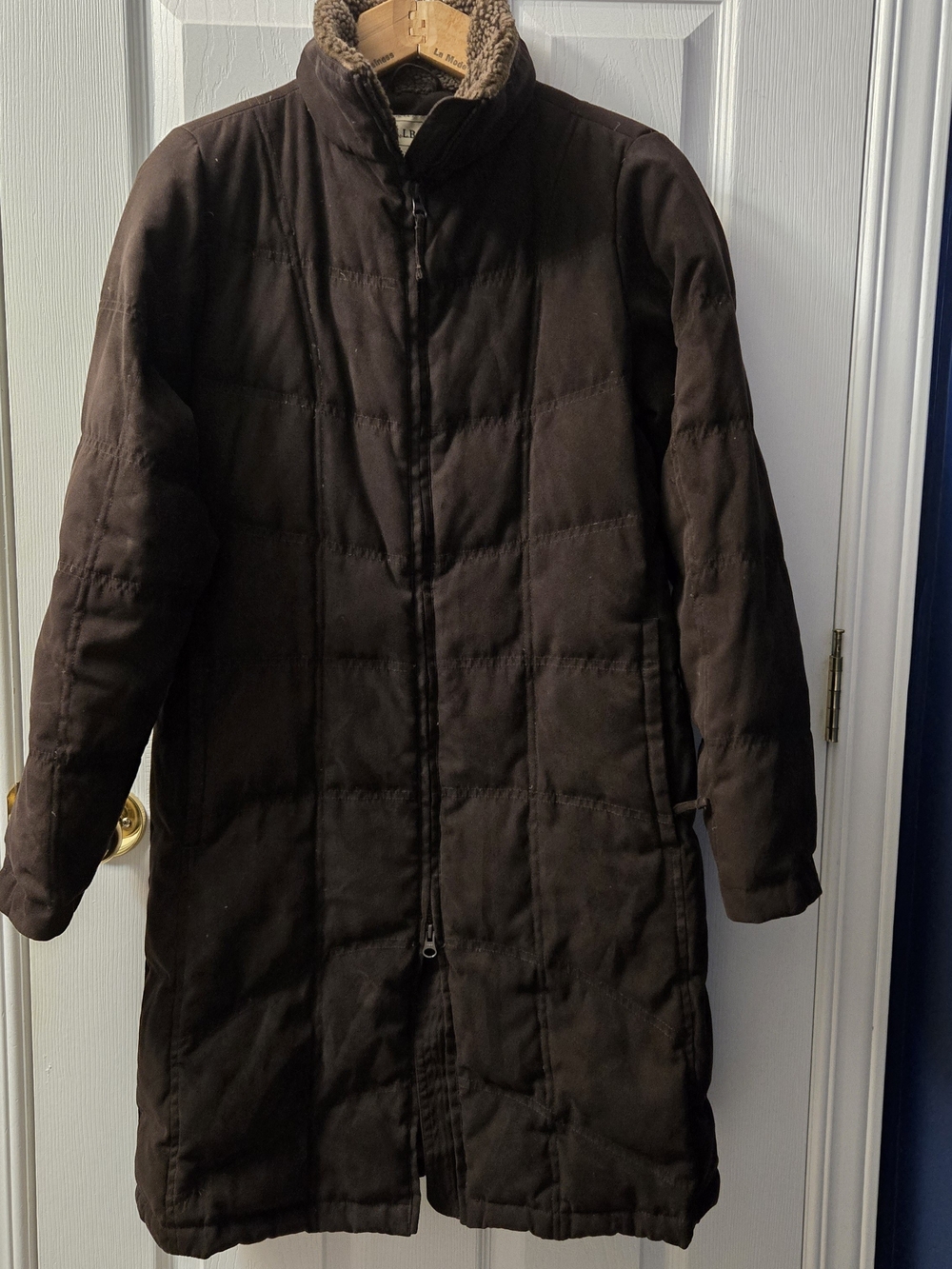 L.L. Bean Brown Long, Light Puffer Coat with Sherpa Collar